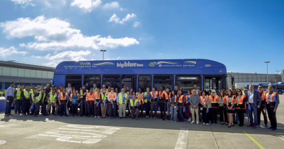Photo of Santa Monica's Big Blue Bus Team in front of their new GILLIG Battery Electric Bus